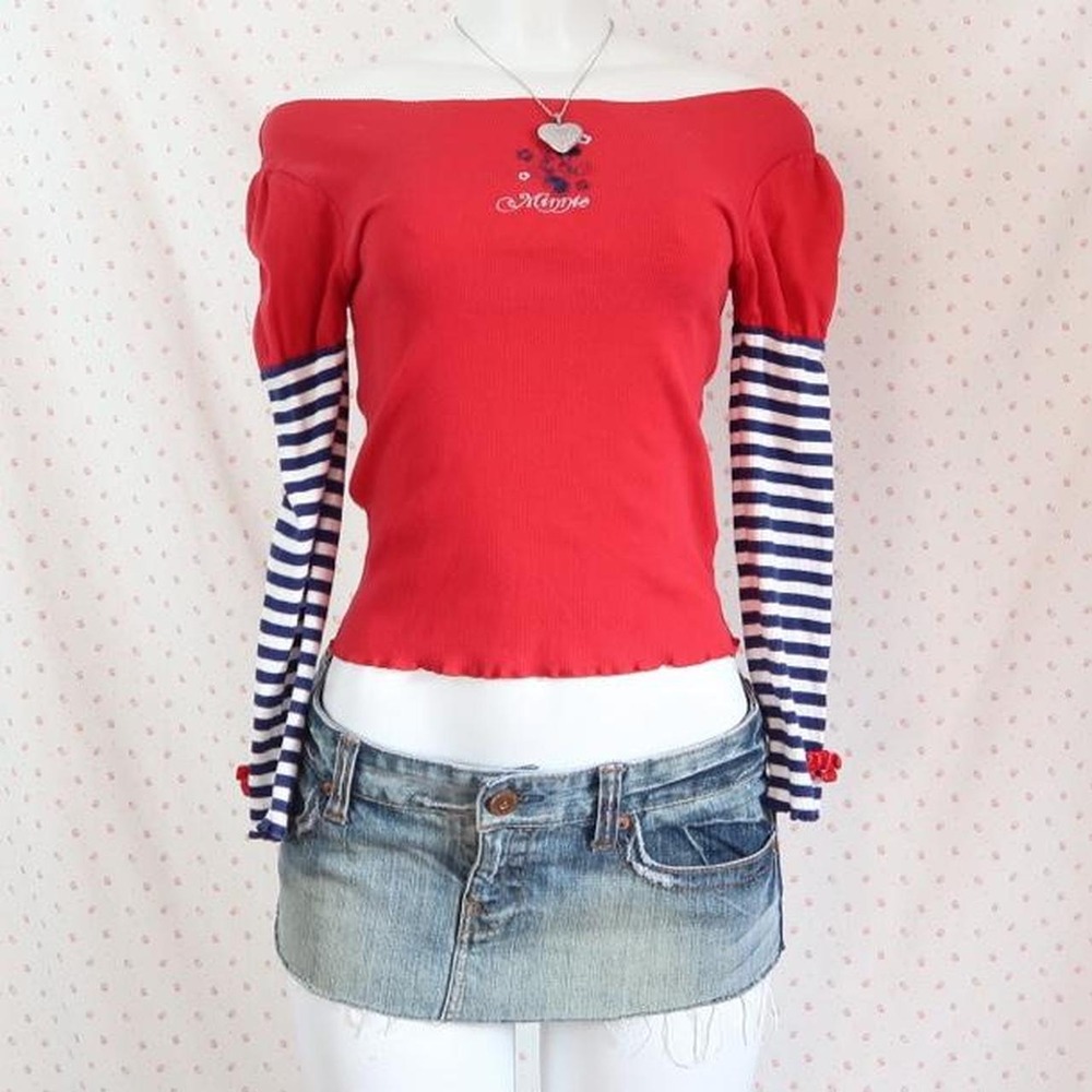 y2k Disney Minnie Mouse red off shoulder striped sleeve top